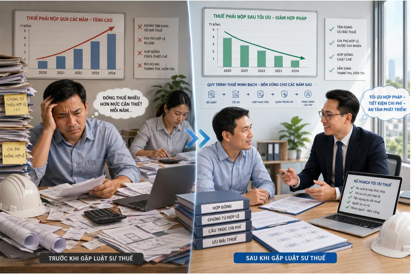 Doanh nghiệp SME có thể đang đóng thuế cao hơn cần thiết nếu không rà soát chi phí, hợp đồng và chính sách thuế. Tìm hiểu bài học tối ưu thuế hợp pháp từ công ty xây dựng của Anh Tuấn.
